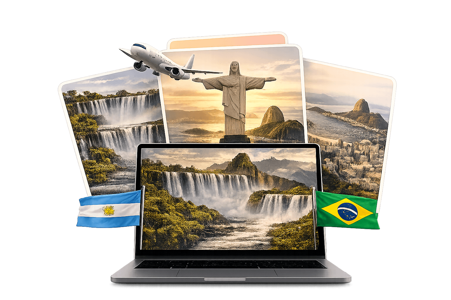Laptop con polaroids de Iguazú, Cristo Redentor, Río y un avión